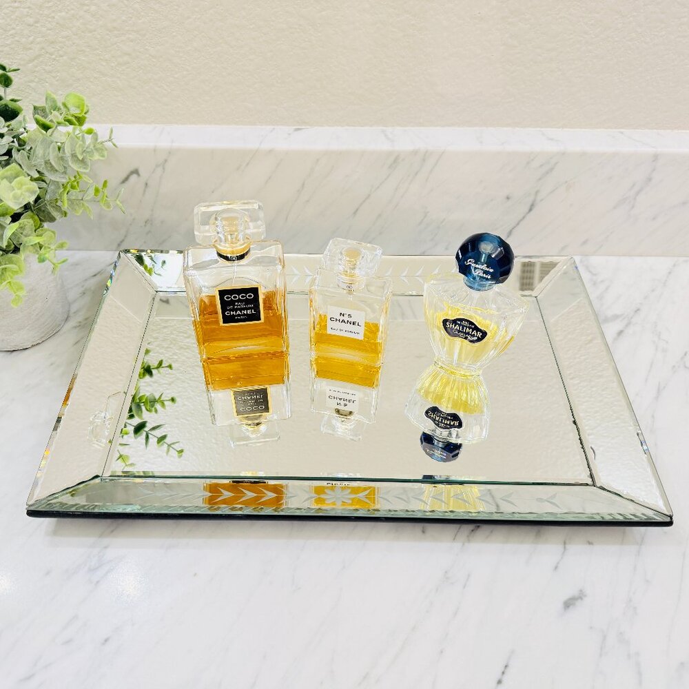 Vintage Venetian Style Beveled Vanity Mirror/Tray with Floral Etched Boarder